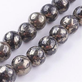 Natural Pyrite Beads Strands, Round, 8mm, Hole: 1mm, about 48pcs/strand, 16 inch