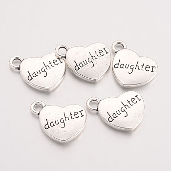 Tibetan Style Heart Alloy Pendants, with Word Daughter, Cadmium Free & Lead Free, Antique Silver, 18x15x3mm, Hole: 3mm