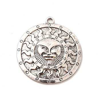 Tibetan Style Alloy Pendants, Flat Round with Sun Charm, Antique Silver, 37.5x34x3.5mm, Hole: 2.3mm