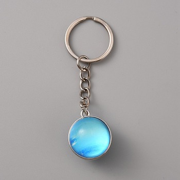 Platinum Tone Alloy Keychain, with Glass Neptune Pendants and Iron Ring, Deep Sky Blue, 8cm