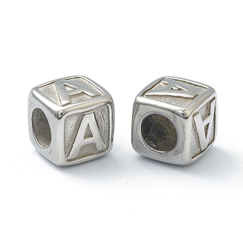 304 Stainless Steel European Beads, Large Hole Beads, Horizontal Hole, Cube with Letter, Stainless Steel Color, Letter.A, 8x8x8mm, Hole: 4mm