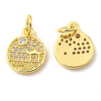 Rack Plating Brass Micro Pave Cubic Zirconia Charms, with Jump Ring, Scenery, Flat Round, Real 18K Gold Plated, 12.5x10x1.5mm, Hole: 3.2mm