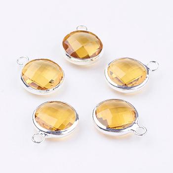 Silver Color Plated Brass Glass Flat Round Charms, Faceted, Yellow, 12x8.5x3mm, Hole: 1.5mm
