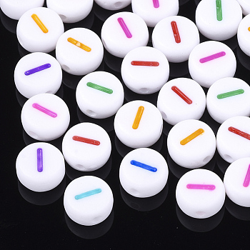 Initial Acrylic Beads, Horizontal Hole, Flat Round, Mixed Color, Letter.I, 7x3.5~4mm, Hole: 1.2mm, about 370pcs/50g