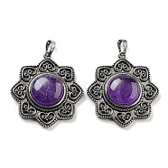 Natural Amethyst & Brass Pendants, Antique Silver, Sun Charm, 43.5x39.5x9mm, Hole: 9.5x5.5mm(G-K338-09AS-03)