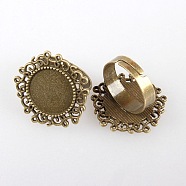 Vintage Adjustable Iron Flower Finger Ring Components Alloy Cabochon Bezel Settings, Cadmium Free & Nickel Free & Lead Free, Antique Bronze, Flat Round Tray: 14mm, 17mm(PALLOY-O036-01AB-NF)