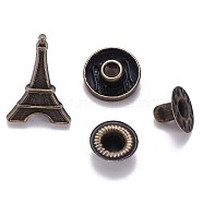 Brass Snap Buttons, Alloy Cap, Garment Buttons, Cadmium Free & Lead Free, Eiffel Tower Shape, Antique Bronze, Cap: 18.5X13mm, Pin: 3mm, Stud: 10x4mm, knob: 4.5mm & 10x6.5mm, knob: 3.5mm, Socket: 12x4mm, half-drill: 5mm(SNAP-S012-003-RS)
