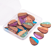Transparent Resin & Walnut Wood Pendants, with Gold Foil, Teardrop, Mixed Color, 21.5x14.5x3mm, Hole: 2mm, 5pcs/color, 4 colors, 20pcs/box(RESI-CJ0001-87)