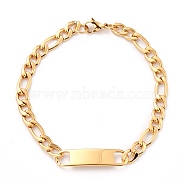 304 Stainless Steel ID Bracelets, Link Bracelets, with Figaro Chains, Rectangle, Golden, 7-7/8 inch(20cm)(STAS-B021-20G)