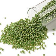TOHO Round Seed Beads, Japanese Seed Beads, (1046) Inside Color Luster Peridot/Opaque White Lined, 11/0, 2.2mm, Hole: 0.8mm, about 1110pcs/bottle, 10g/bottle(SEED-JPTR11-1046)