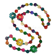 Dyed Natural Coconut Flower & Flat Round Beaded Necklaces, Bohemian Jewelry for Women, Colorful, 61.42 inch(156cm)(NJEW-B088-02)