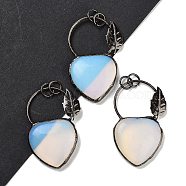 Opalite Heart Big Pendants, Brass Ring Charms with Leaf & Jump Rings, Red Copper, 53~56x32~34x7~7.5mm, Hole: 6.6mm(G-A221-05C)