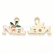 Alloy Enamel Pendants, for Christmas, Word Noel with Holly Leaves, Light Gold, White, 15x19x1.5mm, Hole: 2mm(ENAM-S121-114)