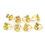 Bear Brass Micro Pave Cubic Zirconia Open Cuff Ring for Women, Real 18K Gold Plated, Mixed Color, Bear: 20x15mm, Adjustable(RJEW-U003-23)