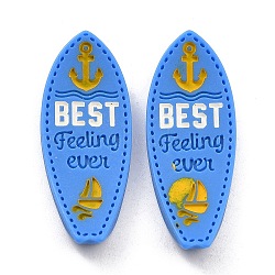 Opaque Resin Cabochons, Ocean Theme, Surfboard with Anchor & Sailboat & Word BEST Feeling ever, Dodger Blue, 35x13.8x5mm(X-RESI-C010-01)