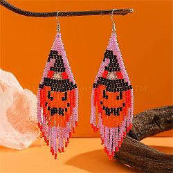 Halloween Style Pumpkin Glass Bead Handmade Dangle Earrings, Platinum, Orange, 115x32mm(WN9498)