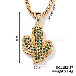 Exquisite Brass Clear & Green Cubic Zirconia Pendant Box Chain Necklaces, Golden, Cactus, 23.62 inch(60cm)(TA4479-1)