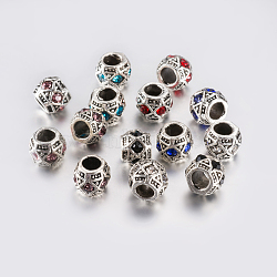 Tibetan Style Alloy Rhinestone European Beads, Large Hole Beads, Barrel, Antique Silver, Mixed Color, 10x8mm, Hole: 5mm(PALLOY-F200-05)