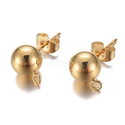 304 Stainless Steel Stud Earring Findings, with Loop and Ear Nut/Earring Backs, Real 24K Gold Plated, 11mm, Hole: 1.8mm, Ball: 8mm, Pin: 0.8mm(STAS-P148-07G-A)