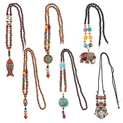 6Pcs 6 Style Natural & Synthetic Mixed Gemstone Lariat Necklaces Set, Wood & Alloy Elephant Ethnic Style Necklaces for Women, Mixed Color, 28.35 inch(72cm)~37.40 inch(950mm), 1Pc/style(NJEW-AN0001-36)