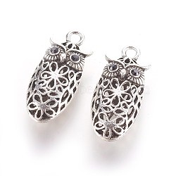 (Autumn Aesthetic Big Sale), Antique Silver Plated Alloy Rhinestone Hollow Pendants, Owl for Halloween Jewelry, Jet, 44x19x13mm, Hole: 3.5mm(ALRI-J082-02AS)