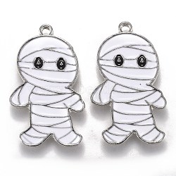 Halloween Theme Alloy Enamel Pendants, White Mummy Shape, Platinum, 26.5x16x1.5mm, Hole: 1.6mm(ENAM-J649-09P)