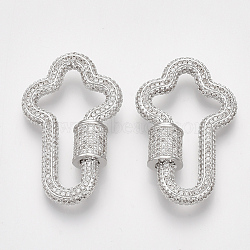 Brass Micro Pave Clear Cubic Zirconia Screw Carabiner Lock Charms, for Necklaces Making, Cross, Platinum, 36x22.5x4mm, Screw: 8.5x7.5mm(ZIRC-T010-09P)