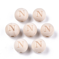 Unfinished Natural Wood European Beads, Large Hole Beads, Laser Engraved Pattern, Round with Word, Letter.N, 15~16x14~15mm, Hole: 4mm(WOOD-S045-143A-01N)