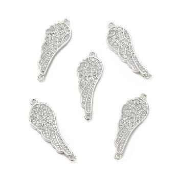 Brass Micro Pave Clear Cubic Zirconia Connector Charms, Wing Links, Platinum, 31.5x11x2mm, Hole: 1.5mm