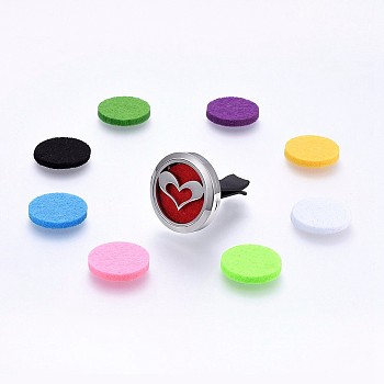 316 Surgical Stainless Steel Car Diffuser Locket Clips, with Perfume Pad and Magnetic Clasps, Flat Round with Heart, Mixed Color, 30x7mm