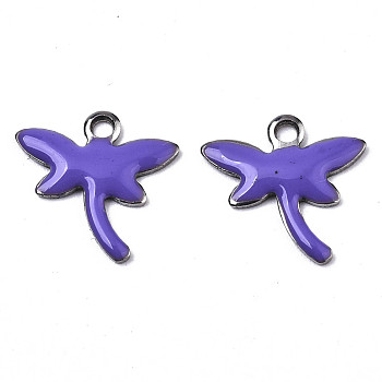 201 Stainless Steel Enamel Charms, Dragonfly, Stainless Steel Color, Medium Slate Blue, 11.5x12x1.5mm, Hole: 1.2mm