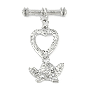 Brass Toggle Clasps, Angle with Heart, Platinum, Angle: 33mm, Pendant: 14x19.5x2.5mm, Hole: 2mm, Bar: 25x8.5x5mm, Hole: 2.2mm