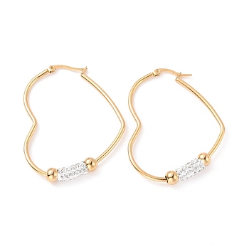 Ion Plating(IP) 201 Stainless Steel Heart Hoop Earrings with 304 Stainless Steel Pin, Polymer Clay Rhinestone Tube Beaded Earrings for Women, Golden, 55x43x6mm, Pin: 0.7mm