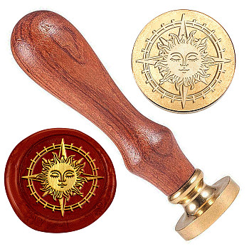 Wax Seal Stamp Set, Golden Tone Brass Sealing Wax Stamp Head, with Wood Handle, for Envelopes Invitations, Sun, 83x22mm, Stamps: 25x14.5mm