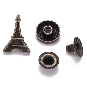 Brass Snap Buttons, Alloy Cap, Garment Buttons, Cadmium Free & Lead Free, Eiffel Tower Shape, Antique Bronze, Cap: 18.5X13mm, Pin: 3mm, Stud: 10x4mm, knob: 4.5mm & 10x6.5mm, knob: 3.5mm, Socket: 12x4mm, half-drill: 5mm