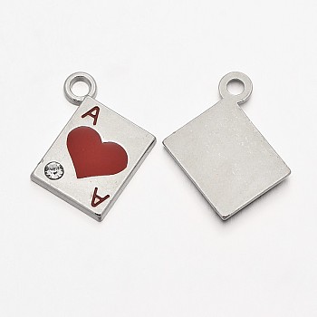 Alloy Enamel Pendants, Cadmium Free & Lead Free, Euchre Playing Card, Platinum, Red, 21mm long, 19mm wide, 2.5mm thick, hole: 3mm