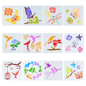 2 Sets 2 Styles PET Plastic Hollow Out Drawing Painting Stencils Templates, Square with Bird & Birdcage & Butterfly Pattern, White, 200x200x0.1mm, 1 set/style
