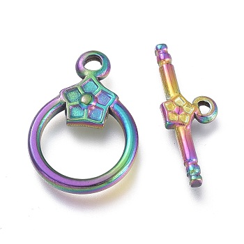 Ion Plating(IP) 304 Stainless Steel Toggle Clasps, Ring, Rainbow Color, Ring: 19x13.5x2.7mm, Hole: 1.8mm, Bar: 19.5x7x2.5mm, Hole: 1.2mm