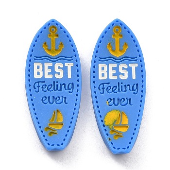 Opaque Resin Cabochons, Ocean Theme, Surfboard with Anchor & Sailboat & Word BEST Feeling ever, Dodger Blue, 35x13.8x5mm
