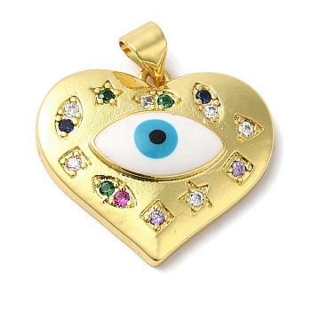Rack Plating Brass Micro Pave Cubic Zirconia Pendants, with Enamel, Long-Lasting Plated, Lead Free & Cadmium Free, Heart with Evil Eye, Real 18K Gold Plated, 20x22.5x5mm, Hole: 4x3.5mm