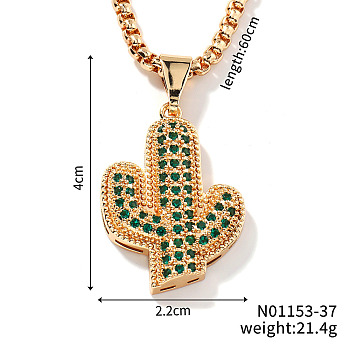 Exquisite Brass Clear & Green Cubic Zirconia Pendant Box Chain Necklaces, Golden, Cactus, 23.62 inch(60cm)