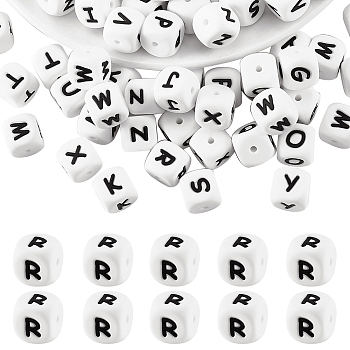20Pcs White Cube Letter Silicone Beads, Alphabet Beads for Bracelet Necklace Jewelry Making, Focal Beads, Letter R, 12x12x12x12mm, Hole: 2mm