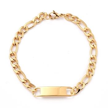 304 Stainless Steel ID Bracelets, Link Bracelets, with Figaro Chains, Rectangle, Golden, 7-7/8 inch(20cm)