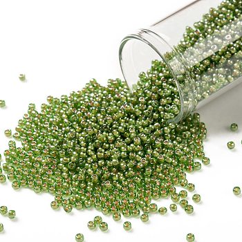 TOHO Round Seed Beads, Japanese Seed Beads, (1046) Inside Color Luster Peridot/Opaque White Lined, 11/0, 2.2mm, Hole: 0.8mm, about 1110pcs/bottle, 10g/bottle