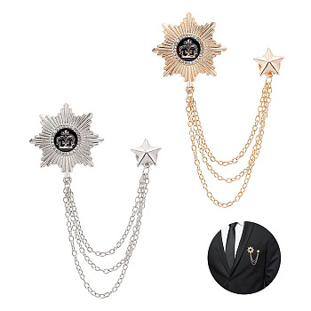 AHADERMAKER 4Pcs 2 Colors Zinc Alloy Star with Crown Hanging Chain Brooch, Tassel Enamel Pin for Jackets Hats Bags, Platinum & Golden, 150mm, 2Pcs/color