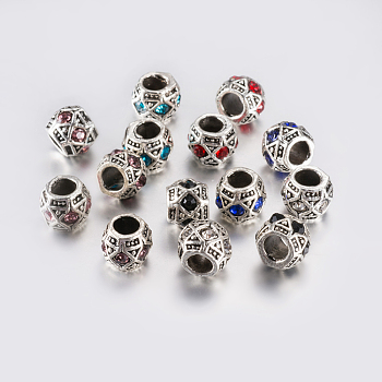 Tibetan Style Alloy Rhinestone European Beads, Large Hole Beads, Barrel, Antique Silver, Mixed Color, 10x8mm, Hole: 5mm