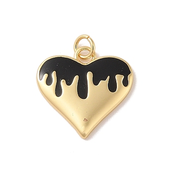 Rack Plating Brass Enamel Pendants, with Jump Ring, Cadmium Free & Lead Free, Long-Lasting Plated, Real 18K Gold Plated, Heart Charm, Black, 19x19.5x2mm, Hole: 3.5mm