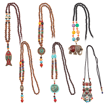 6Pcs 6 Style Natural & Synthetic Mixed Gemstone Lariat Necklaces Set, Wood & Alloy Elephant Ethnic Style Necklaces for Women, Mixed Color, 28.35 inch(72cm)~37.40 inch(950mm), 1Pc/style
