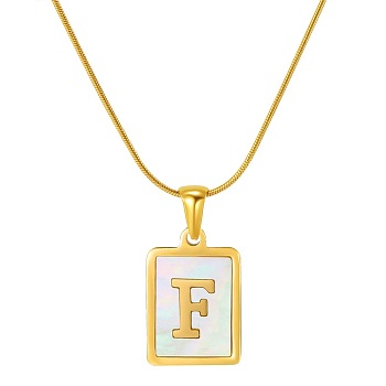 Stainless Steel Snake Bone Chain Alphabet Necklace with Shell Pendant, Letter F, Golden