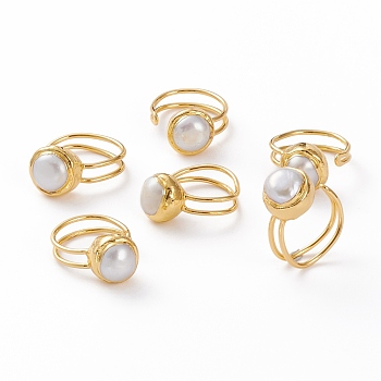 Adjustable Natural Pearl Cuff Rings, Open Rings, with Golden Plated Brass Findings, Flat Round, White, US Size 5, Inner Diameter: 16mm